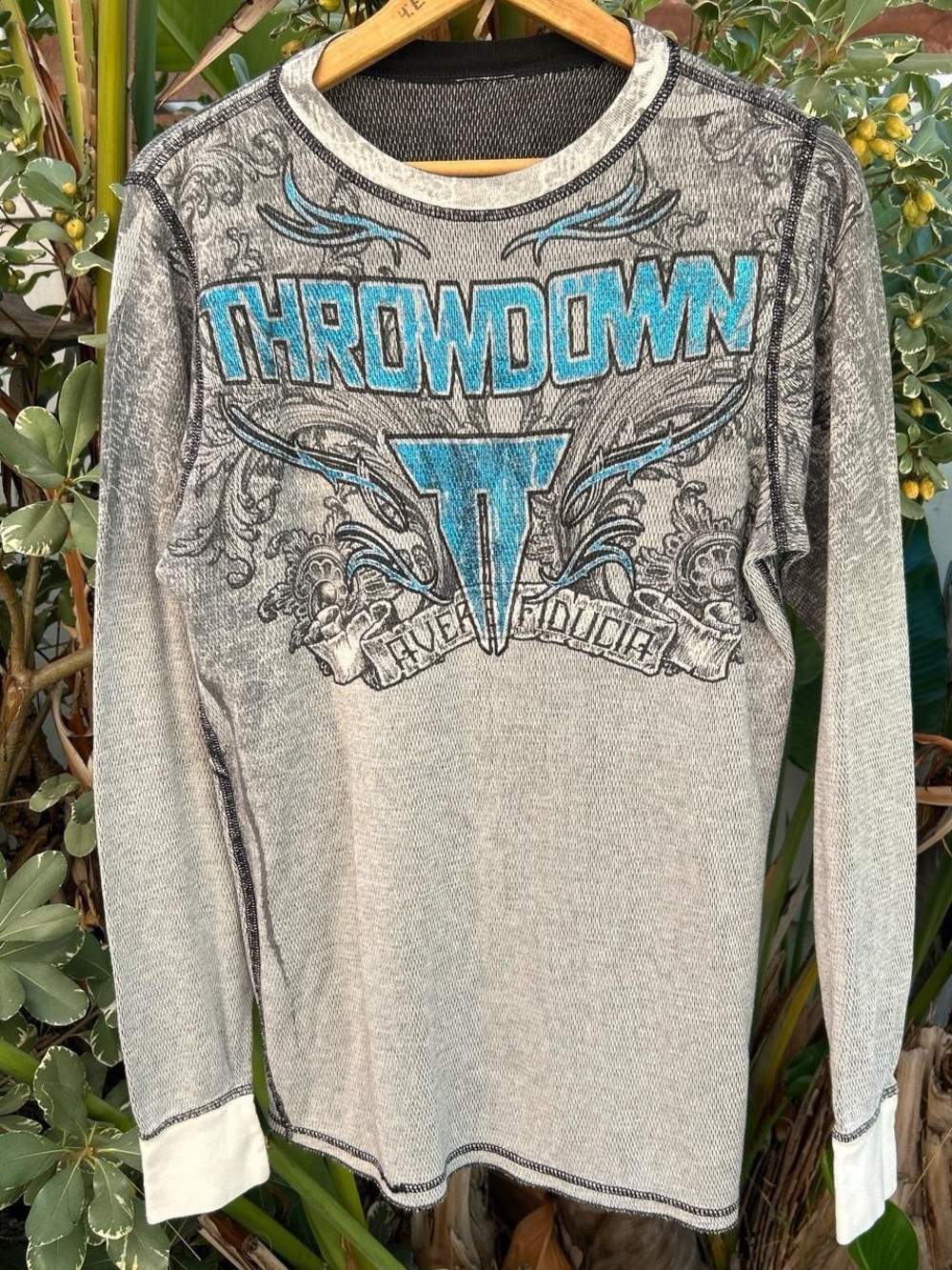 Vintage Y2K Throwdown MMA Thermal Long Sleeve Shirt M Double Sided